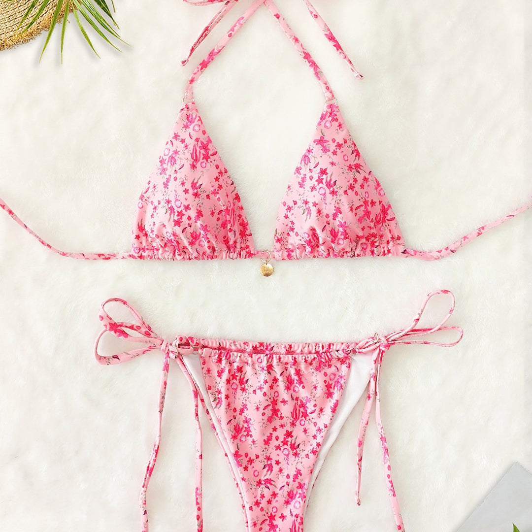 Damen Triangel-Bikini mit floralem Leopardenmuster und verstellbaren Bindebändern R&B