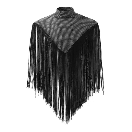 Damen nan langes Fransen-Cape mit Rollkragen und V-förmigem Einsatz R&B