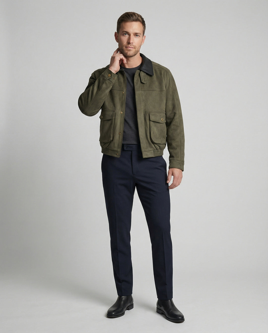 Herren kastige Blousonjacke mit Kunstlederkragen großen aufgesetzten Pattentaschen und elastischem Saum R&B