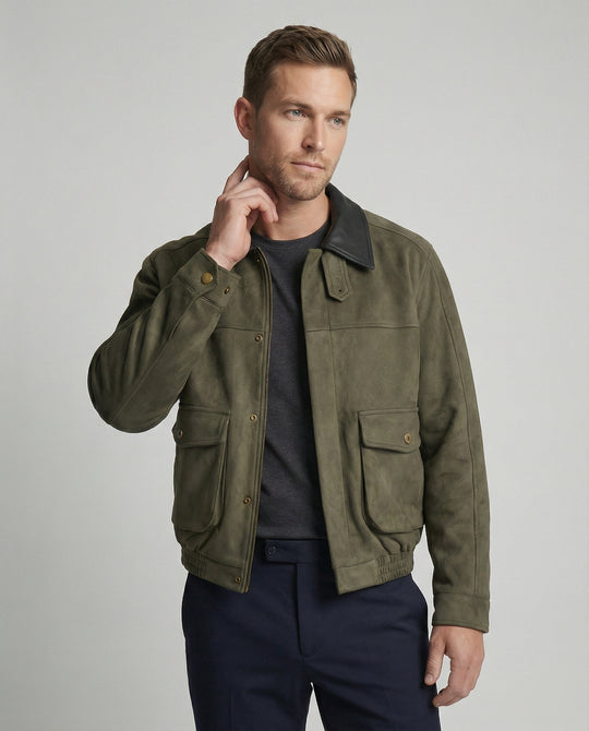 Herren kastige Blousonjacke mit Kunstlederkragen großen aufgesetzten Pattentaschen und elastischem Saum R&B