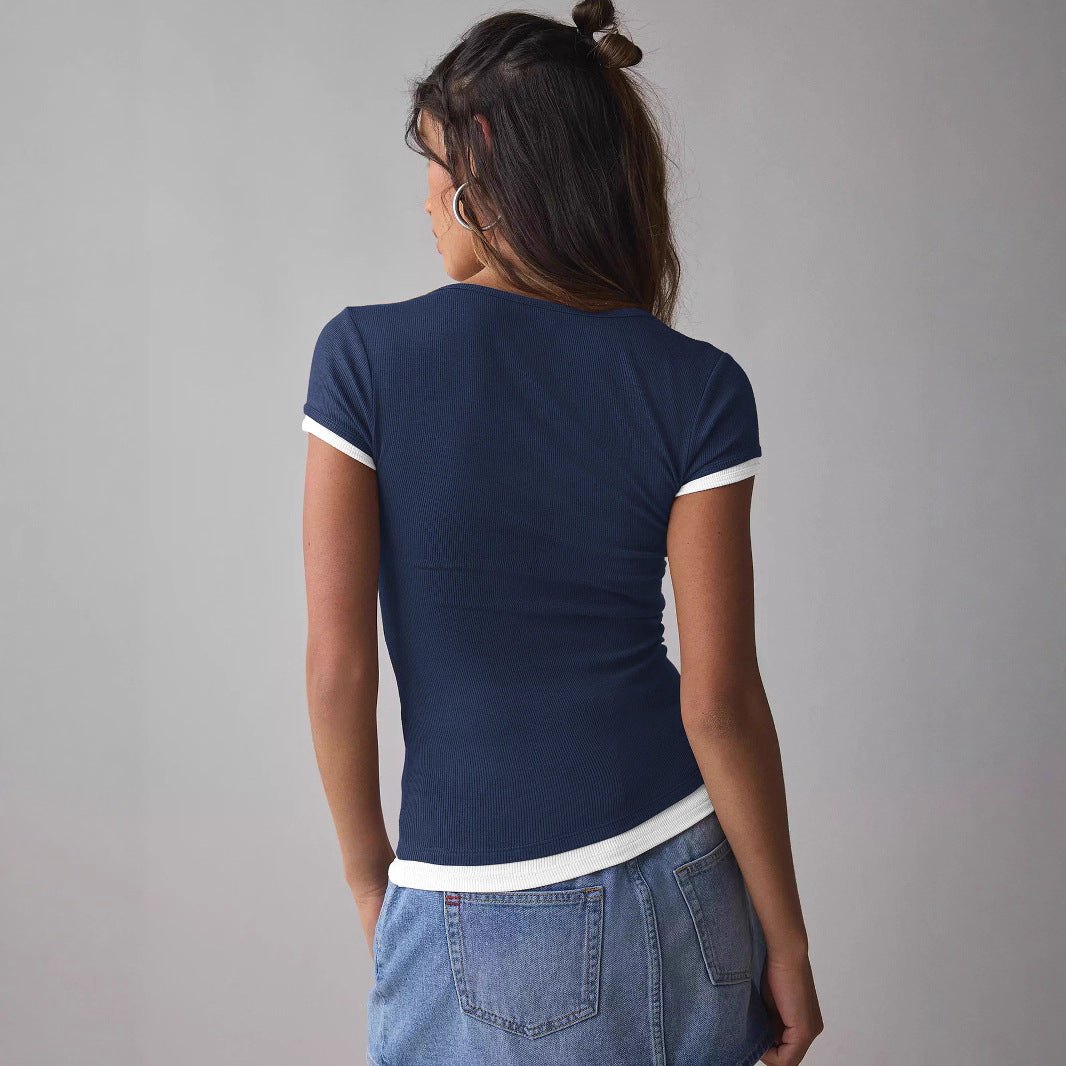 Damen Figurbetontes Rippoberteil mit tiefem Rundhalsausschnitt und dekorativen Kontrastdetails R&B