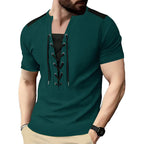 Herren Kurzarm-Henley-T-Shirt mit dekorativen Schnürdetails und atmungsaktiver Struktur R&B