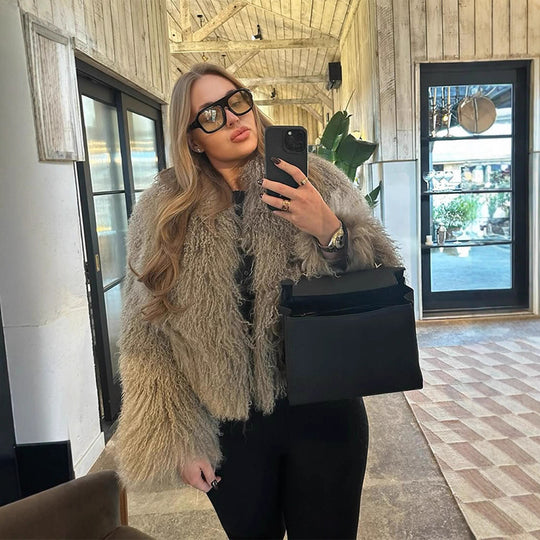 Damen kuschelige Felljacke mit weichem Schnitt und voluminösen Ärmeln R&B