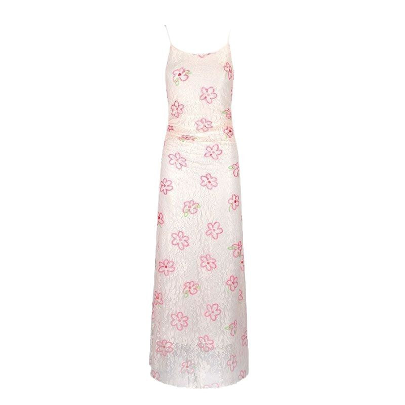 Damen Maxikleid mit floralem Spitzenmuster und verstellbaren Trägern R&B