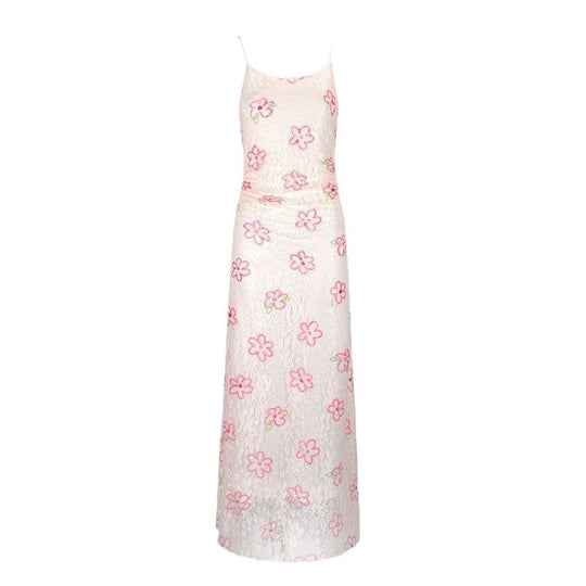 Damen Maxikleid mit floralem Spitzenmuster und verstellbaren Trägern R&B