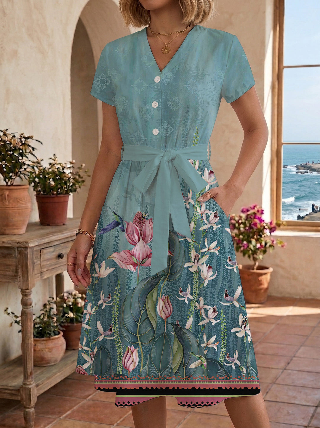 Damen Blühendes Midikleid mit taillierbarem Gürtel und kunstvollem Print R&B