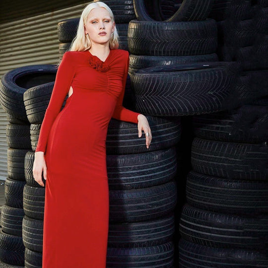 Damen Elegantes langes Wickelkleid mit Rüschendetails R&B
