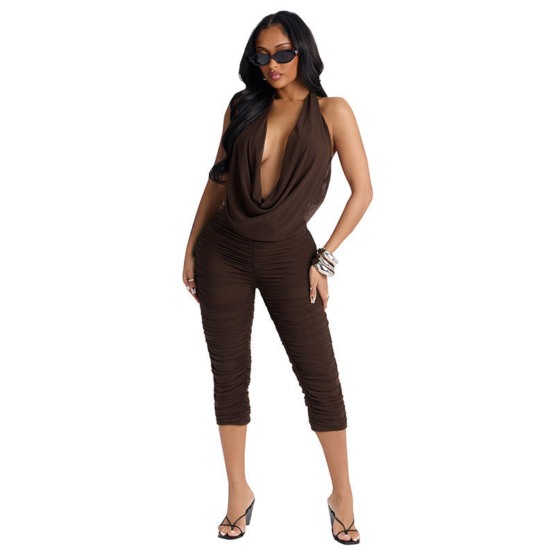 Damen Eleganter und figurbetonter Jumpsuit mit tiefem V-Ausschnitt und Raffungen R&B