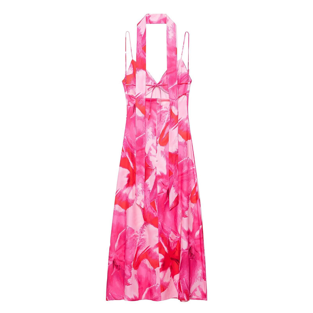 Damen Maxikleid mit floralen Akzenten und schickem Halterneck R&B