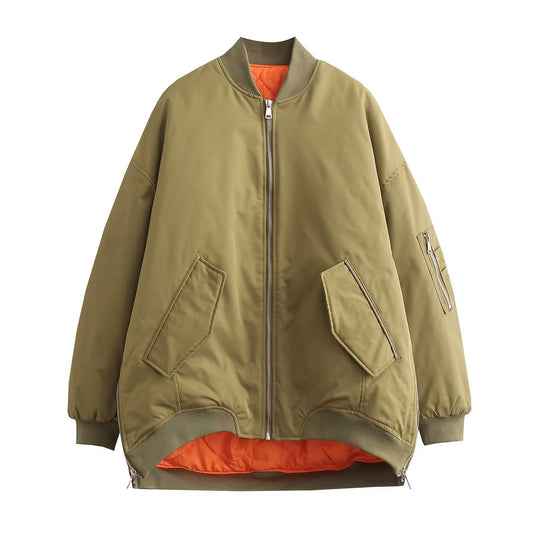 Damen modische Oversized Bomberjacke mit funktionalen Taschen und sportlichem Design R&B