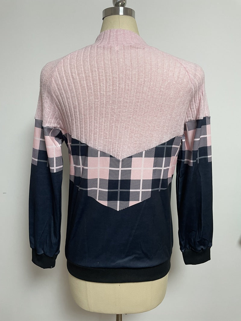 Damen nan weichgriffiger Sweatpullover mit Kurzreißverschluss, Stehkragen und Karopaneel R&B