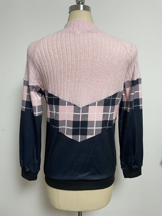 Damen nan weichgriffiger Sweatpullover mit Kurzreißverschluss, Stehkragen und Karopaneel R&B