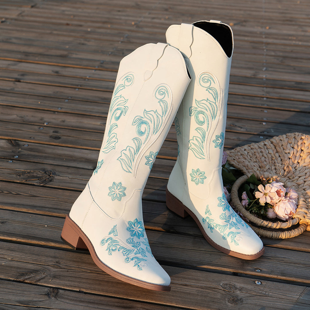 Damen Cowboy-Stiefel mit handgefertigten floralen Details und bequemem Blockabsatz R&B