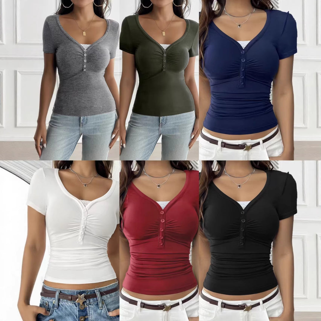 Damen figurbetontes Kurzarmshirt mit Knopfleiste und Raffung R&B