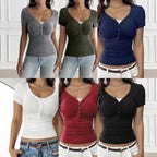 Damen figurbetontes Kurzarmshirt mit Knopfleiste und Raffung R&B