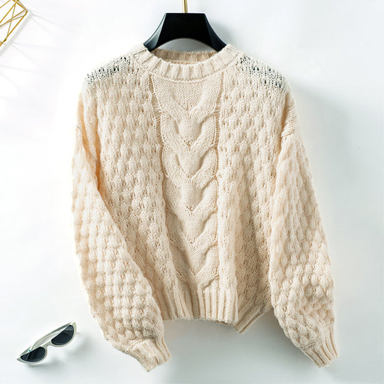 Damen gemütlicher Strickpullover mit strukturiertem Zopfmuster und lässigem Schnitt R&B