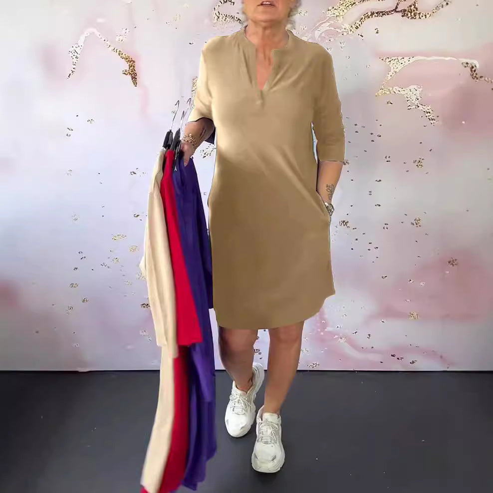 Damen nan legeres knielanges Shiftkleid aus elastischem Jersey mit Stehkragen und V-Ausschnitt R&B