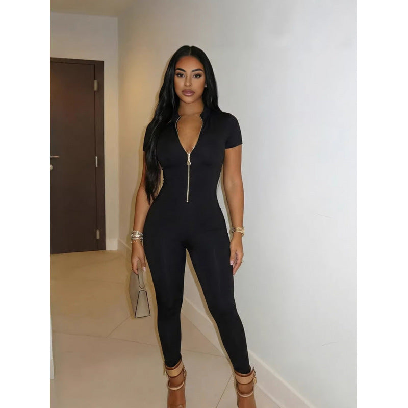 Damen Figurbetonter Jumpsuit mit hohem Ausschnitt und Reißverschluss R&B