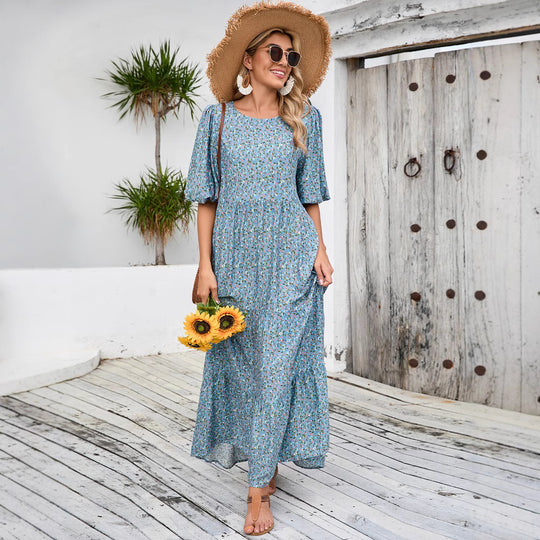 Damen Maxikleid mit Puffärmeln und voluminösem Saum R&B