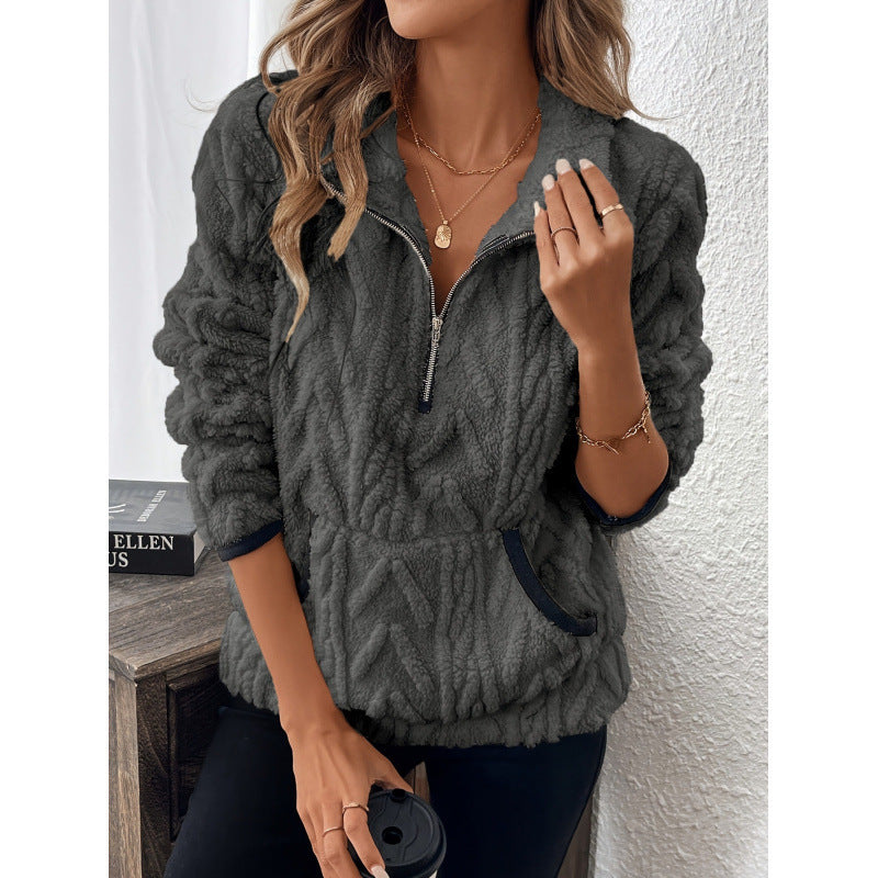 Damen flauschiger Teddy-Pullover mit halbem Reißverschluss und hohen Kragen R&B