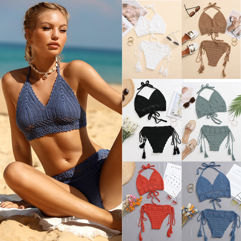 Damen Häkel-Bikini-Set mit verstellbaren Trägern und fransigen Details R&B