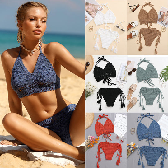 Damen Häkel-Bikini-Set mit verstellbaren Trägern und fransigen Details R&B