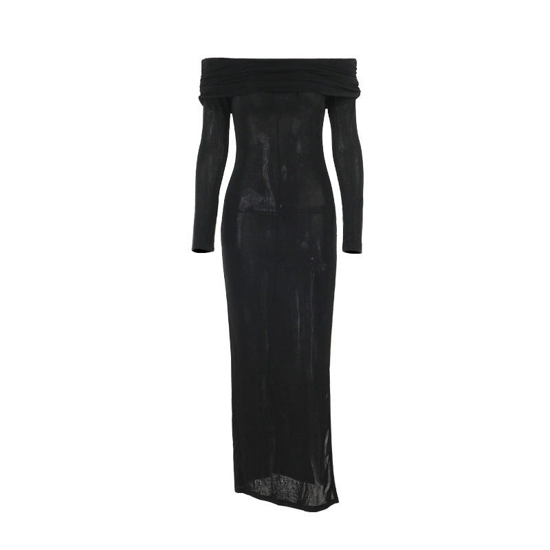 Damen schulterfreies Maxikleid mit eleganter Drapierung und transparentem Oberteil R&B