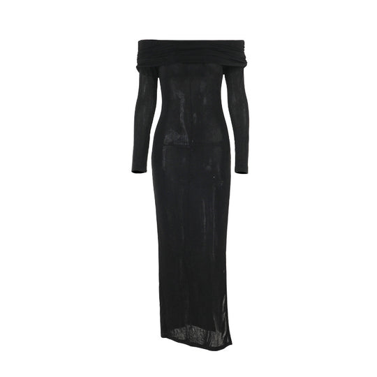 Damen schulterfreies Maxikleid mit eleganter Drapierung und transparentem Oberteil R&B