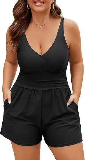 Damen Playsuit mit tiefem V-Ausschnitt und seitlichen Taschen R&B