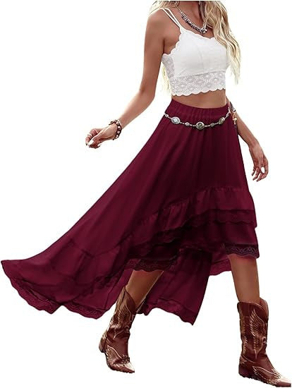 Damen Boho Maxi-Rock mit asymmetrischem Saum und Spitzenverzierungen R&B