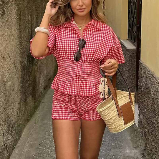 Damen Zweiteiliges Karomuster-Set mit taillierter Bluse und sportlichen Shorts R&B