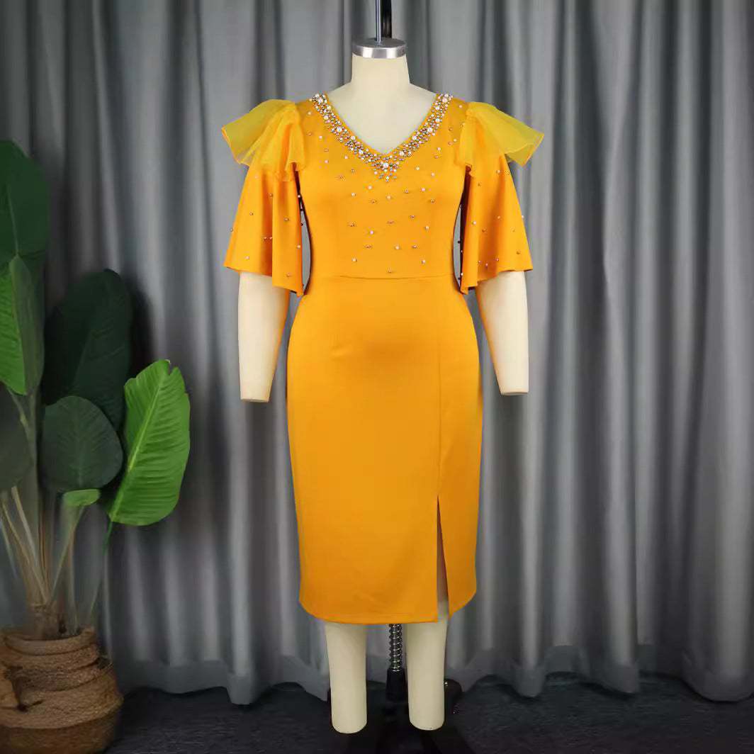 Damen elegantes Schimmerndes Midi-Kleid mit Volantrüsche und Glamourösen Akzenten R&B