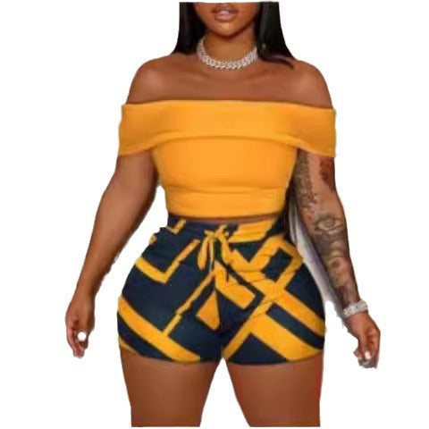 Damen Off-Shoulder Top und Hohe Taille Shorts Set R&B