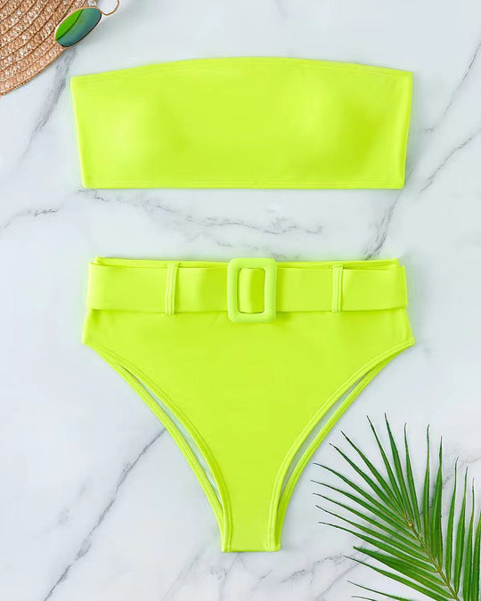 Damen Bandeau-Bikini-Set mit hoch taillierter Hose und trendigem Gürteldetail R&B