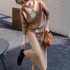 Damen Strickensemble mit eleganter Blusenoptik und weitem Rock R&B