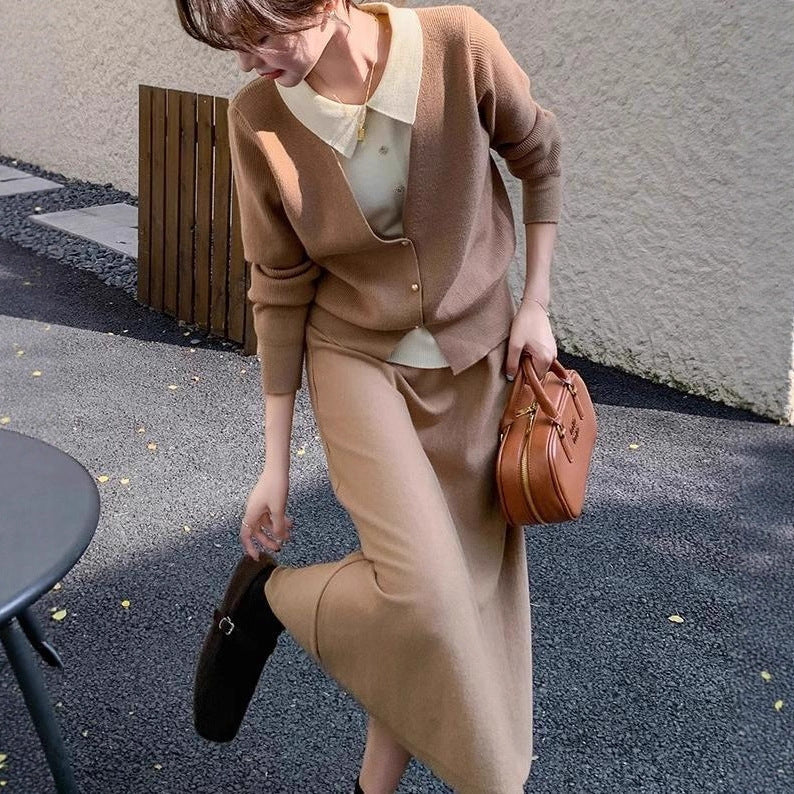 Damen Strickensemble mit eleganter Blusenoptik und weitem Rock R&B