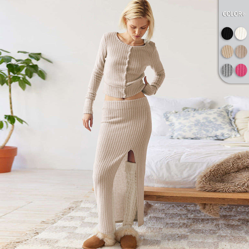Damen Strickset mit Knopfleiste und hohem Schlitz R&B