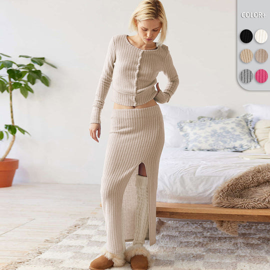 Damen Strickset mit Knopfleiste und hohem Schlitz R&B