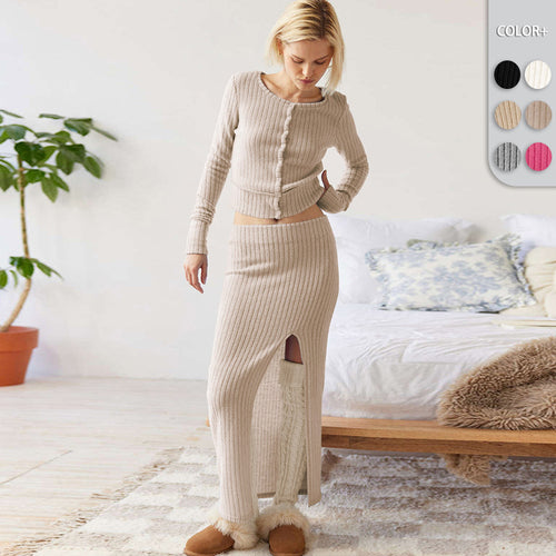 Damen Strickset mit Knopfleiste und hohem Schlitz R&B