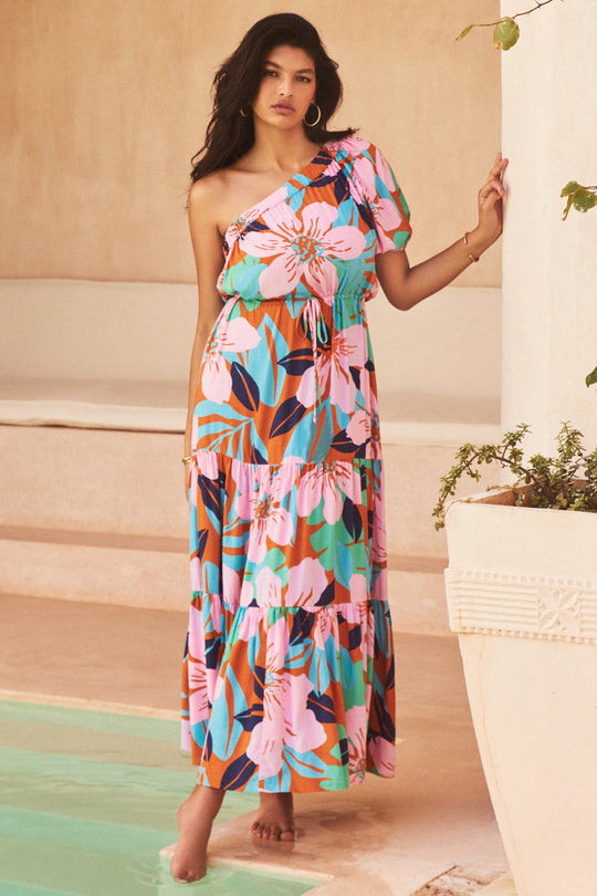 Damen Maxikleid mit asymmetrischem Schnitt und lebhaftem Blattmuster R&B