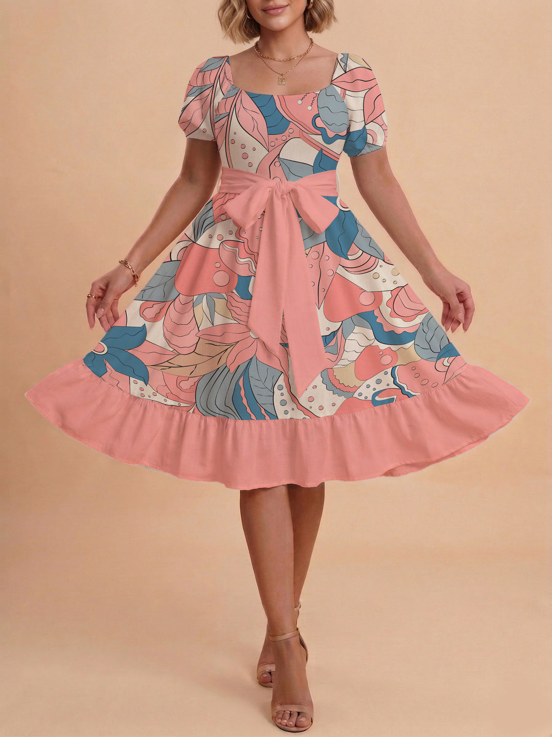 Damen elegantes Maxikleid mit floralem Design und Taillengürtel R&B