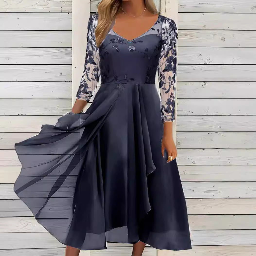 Damen Abendkleid mit floralen Spitzenärmeln und asymmetrischem Schnitt Heidi-Mode