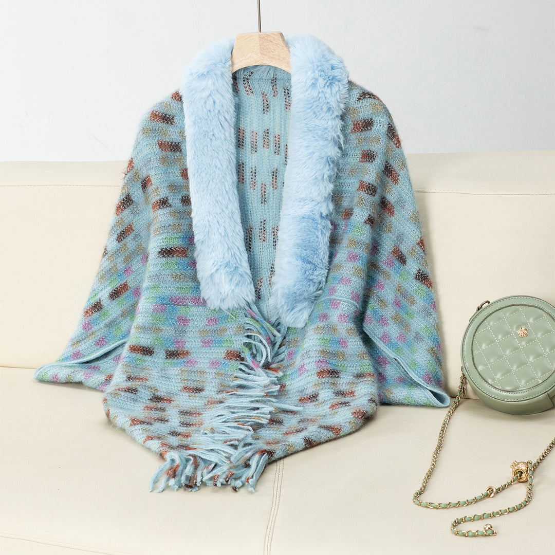 Damen eleganter Poncho mit luxuriösem Kunstfellkragen und Fransen R&B