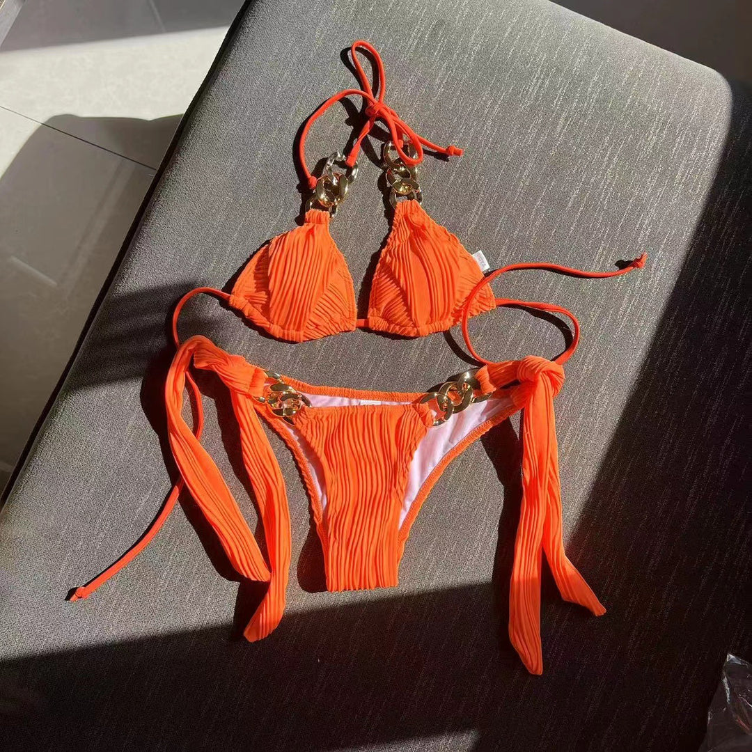 Damen Triangel-Bikini mit plissierten Details und goldenen Akzenten R&B