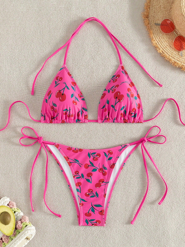 Damen Triangel-Bikini mit fröhlichem Kirschdesign und verstellbaren Bindebändern R&B