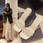 Damen Transparente Mules mit floralem Design und glitzerndem Blockabsatz