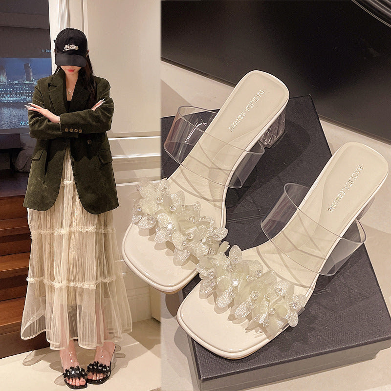 Damen Transparente Mules mit floralem Design und glitzerndem Blockabsatz