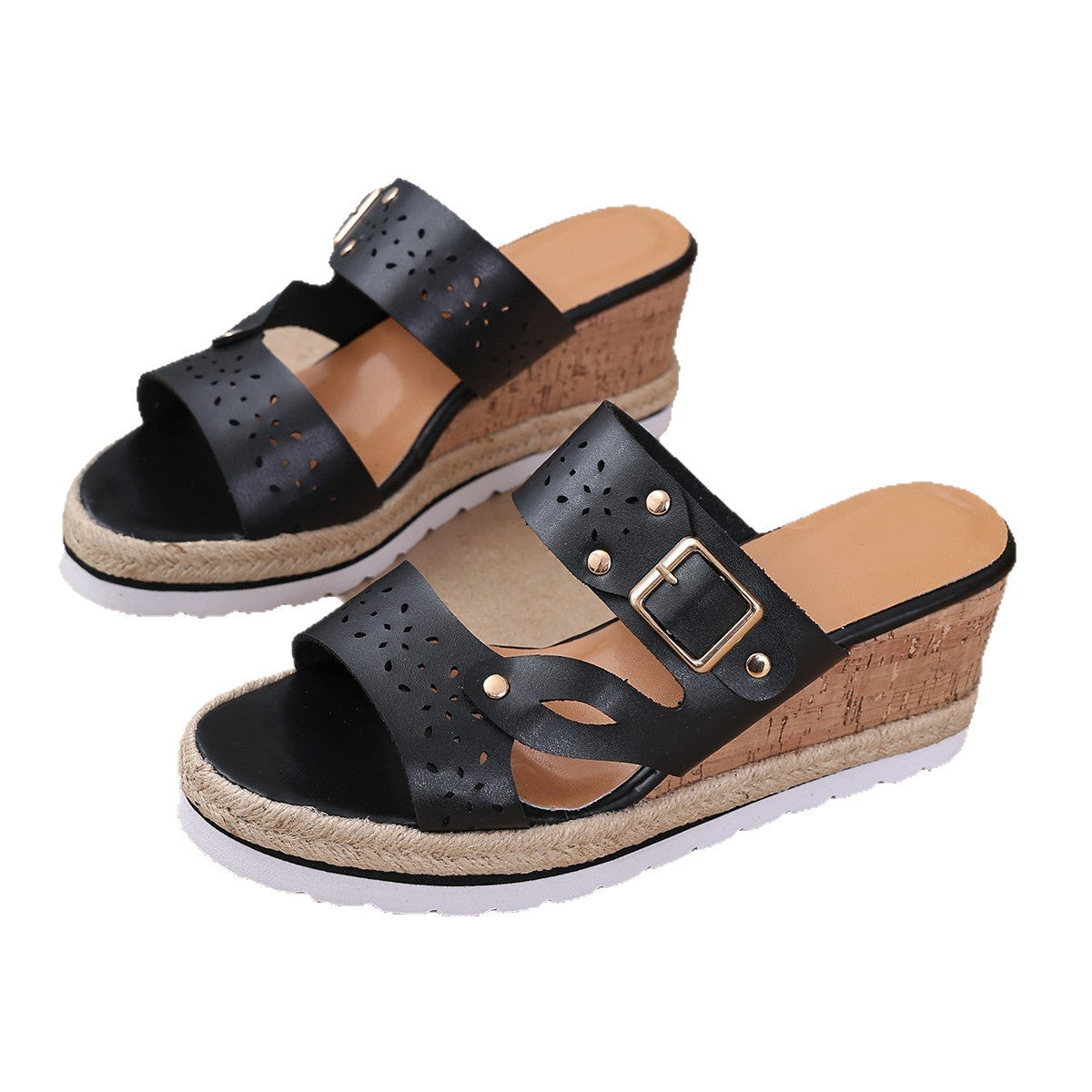 Damen Wedge-Pantoletten mit modischen Schnallen und floralem Cut-Out-Design R&B