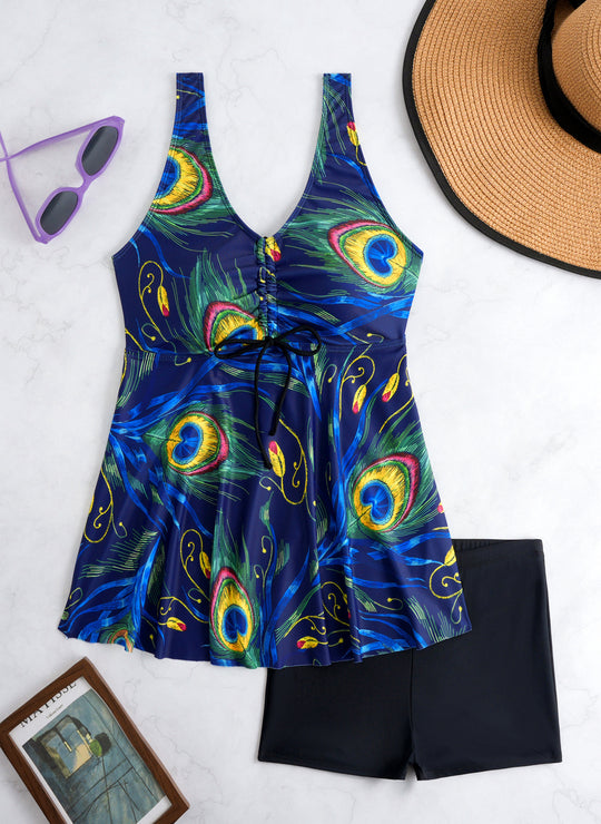 Damen Tankini-Set mit modischem Volant und grafischem Pfauenmuster R&B