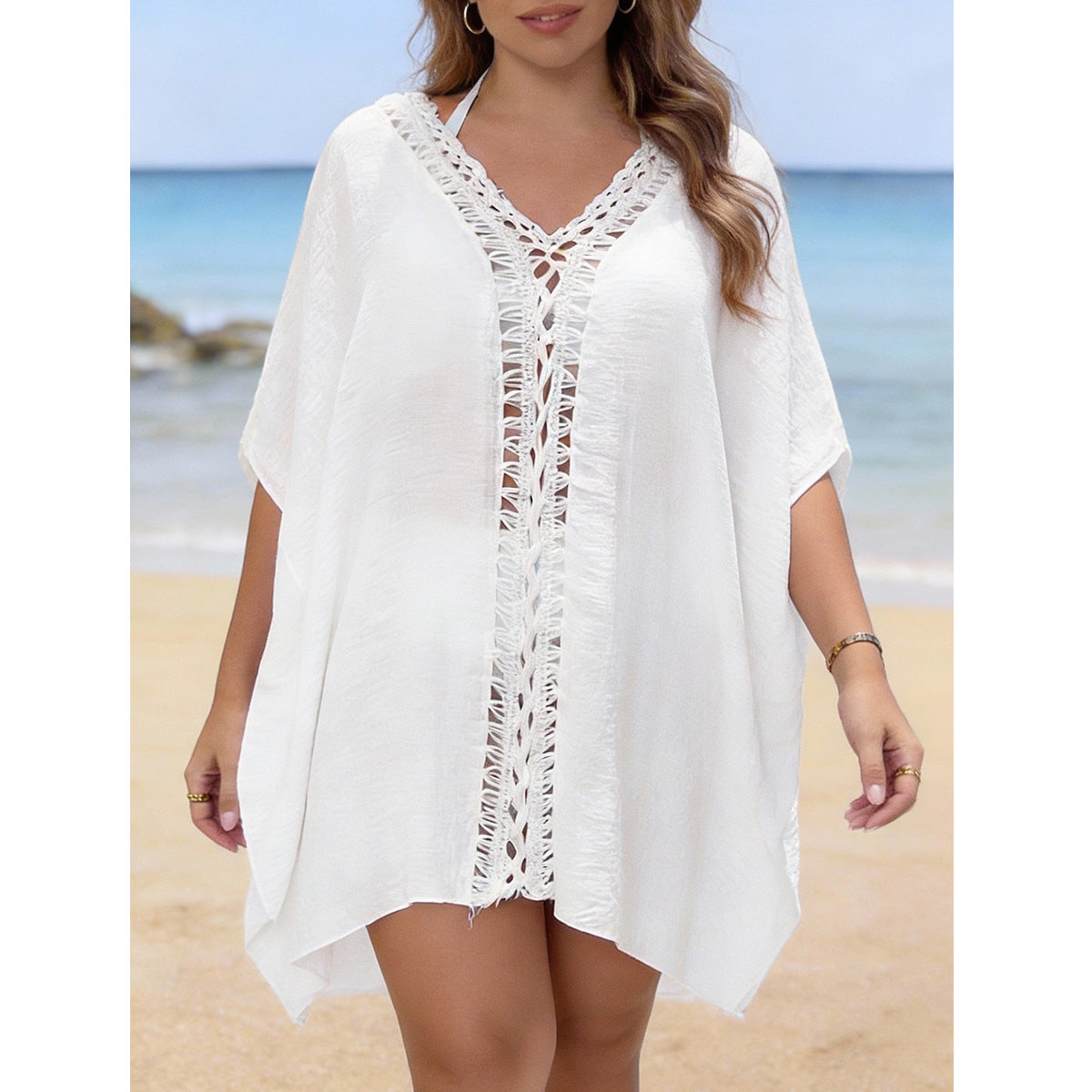 Damen luftiger Strandüberwurf mit Lochstickerei und elegantem Design R&B